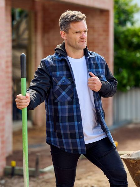 Bisley BJ6708 Contrast Check Hooded Shirt - Check Blue, styled