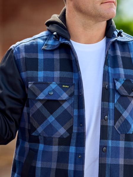 Bisley BJ6708 Contrast Check Hooded Shirt - Check Blue, on model