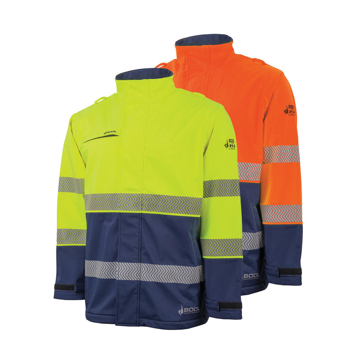 Hi-Vis PPE2 Softshell Jacket With Segmented FR Reflective Tape - Yellow/Navy and Orange/Navy