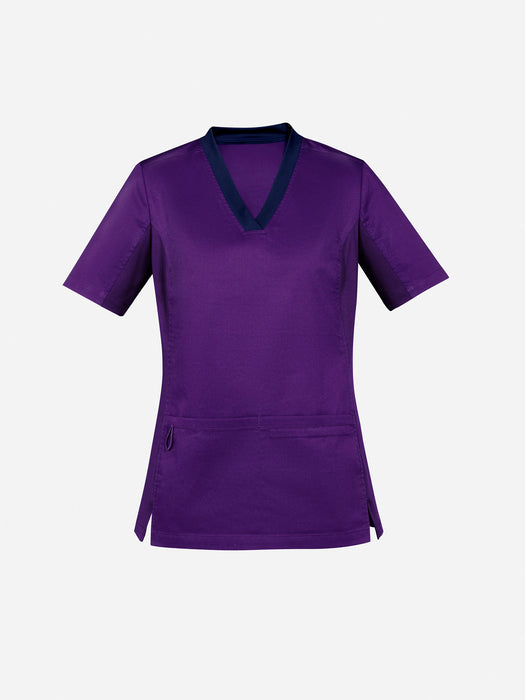 Purple scrub top with a V-neckline on a white background
