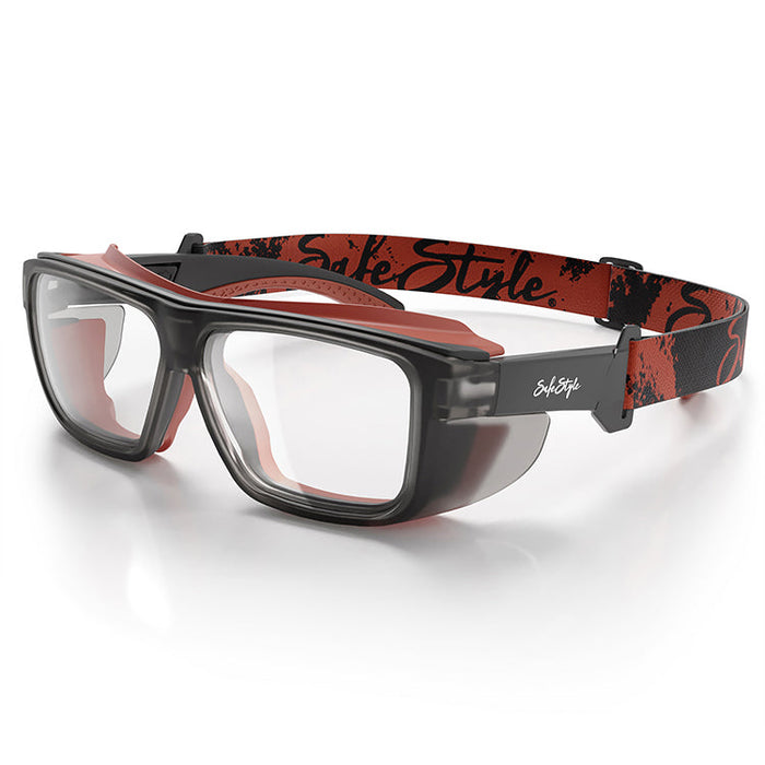 SafeStyle Converts Matte Graphite Red Frame Clear Lens - Strap View 1