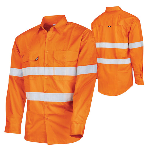 TRu Workwear DS1169T1 Ripstop Long Sleeve Hi-Vis Cotton Shirt With Reflective Tape Orange