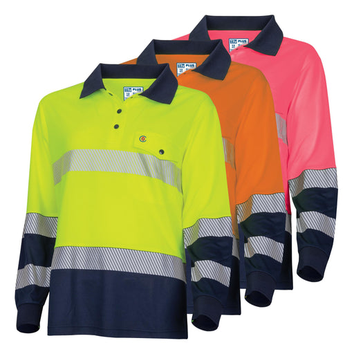 Tru Womens Recycled Anti-Microbial Micromesh L/S Two Tone Hi-Vis Polo Shirt with Segmented Tape