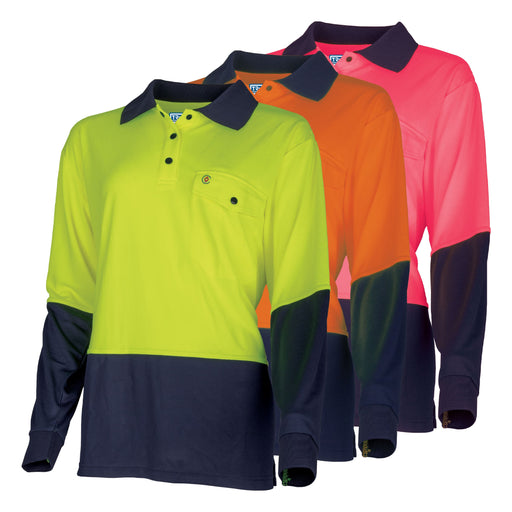 Tru Womens Recycled Anti-Microbial Micromesh L/S Two Tone Hi-Vis Polo Shirt