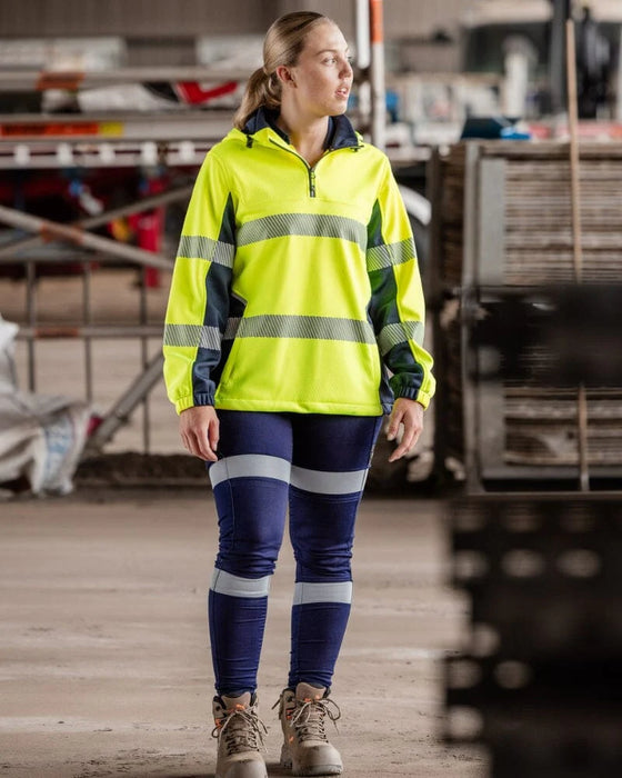 Bisley Womens Flex and Move Hi Vis Taped Liquid Repellent Fleece Hoodie - Yellow/Navy