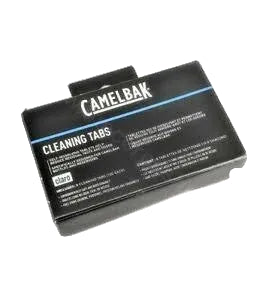 Camelbak Cleaning Tabs product box, black packaging with white and blue text, photographed on a plain light background.